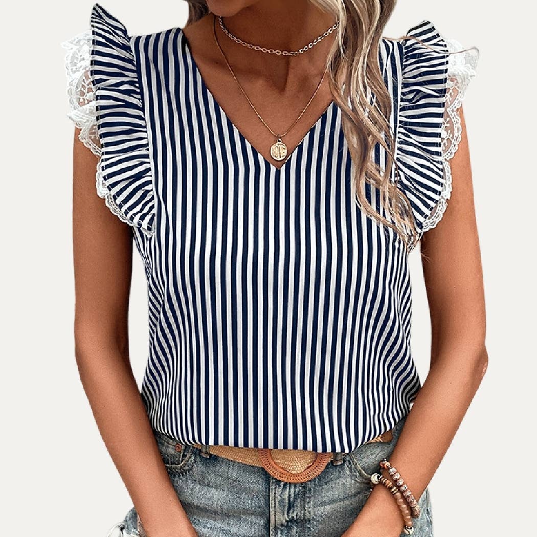 Navy Striped V Neck Ruffle Top