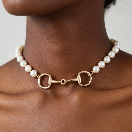 Gold Polished Horseshoe Pearl Beaded Necklace