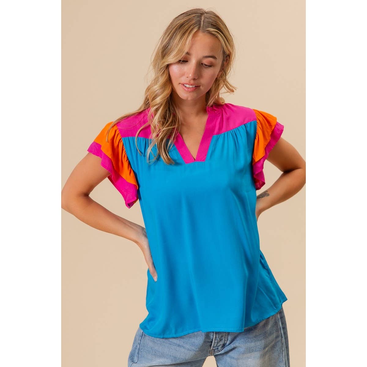 Colorblock Woven Top w/ Flutter Sleeves