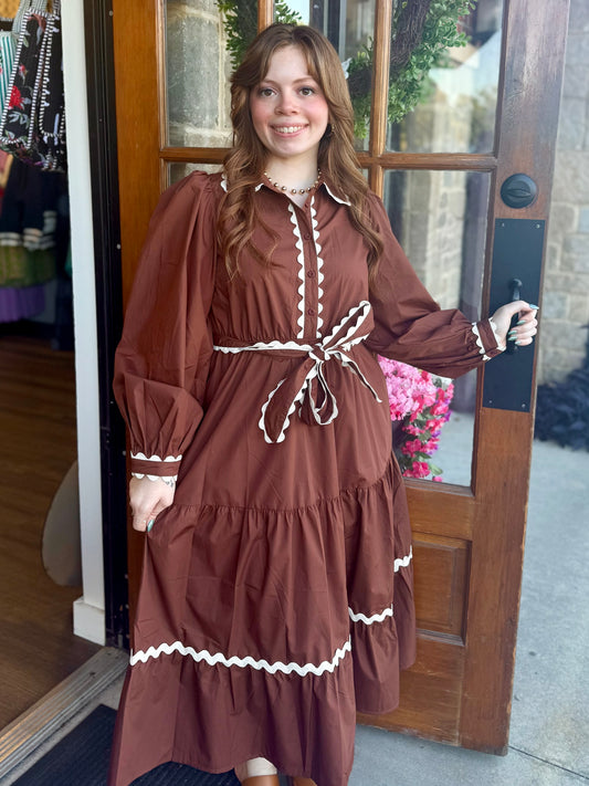 Brown Belted Waist Midi Dress