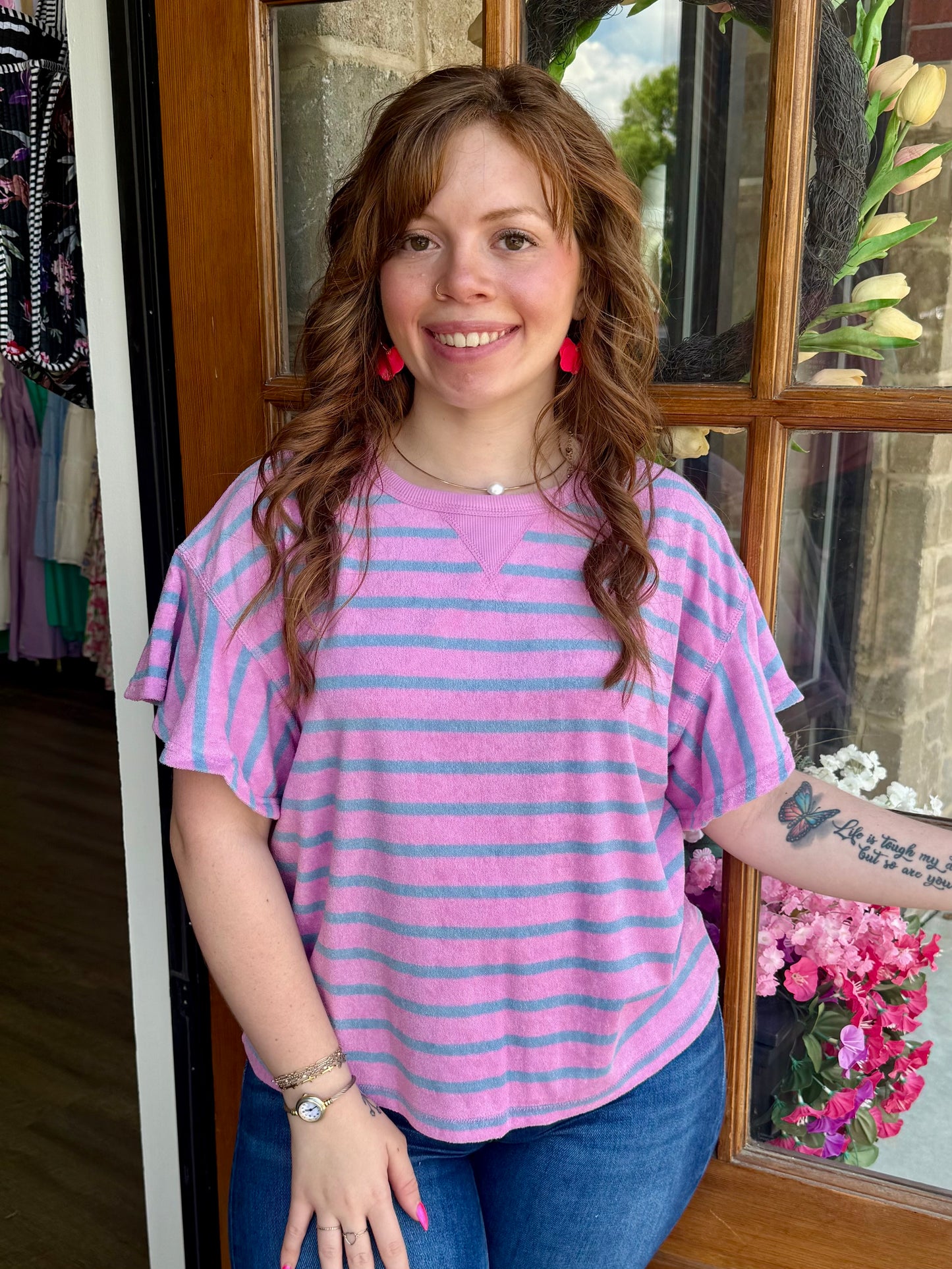 Purple Ruffle Sleeve Stripe Knit Top