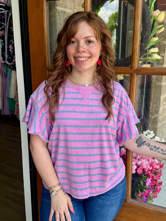 Purple Ruffle Sleeve Stripe Knit Top
