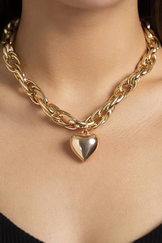 Gold Puffy Heart Chain Statement Necklace