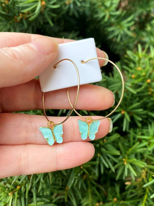 Turquoise Butterfly Gem Hoop Statement Earrings