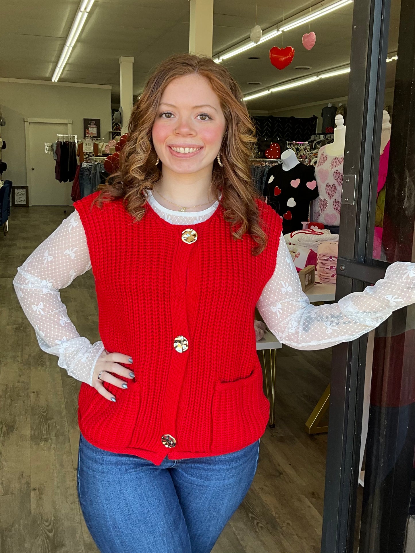 Red Knit Button Sweater Vest