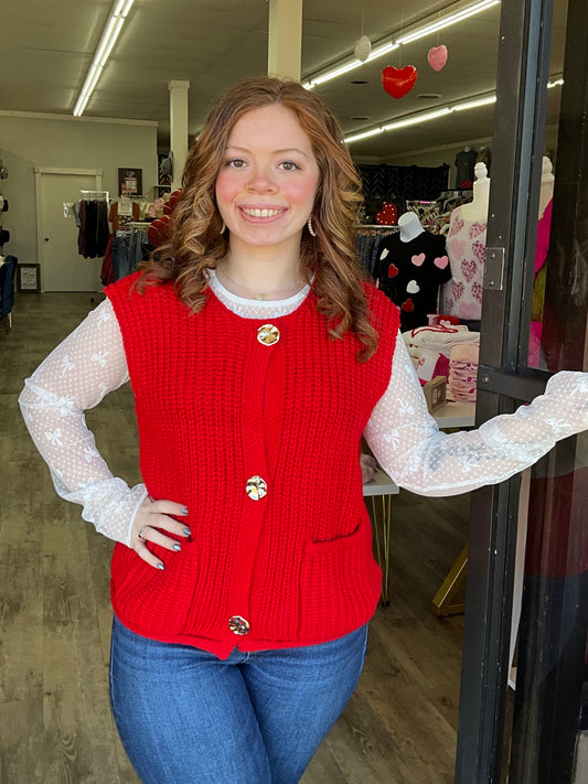 Red Knit Button Sweater Vest