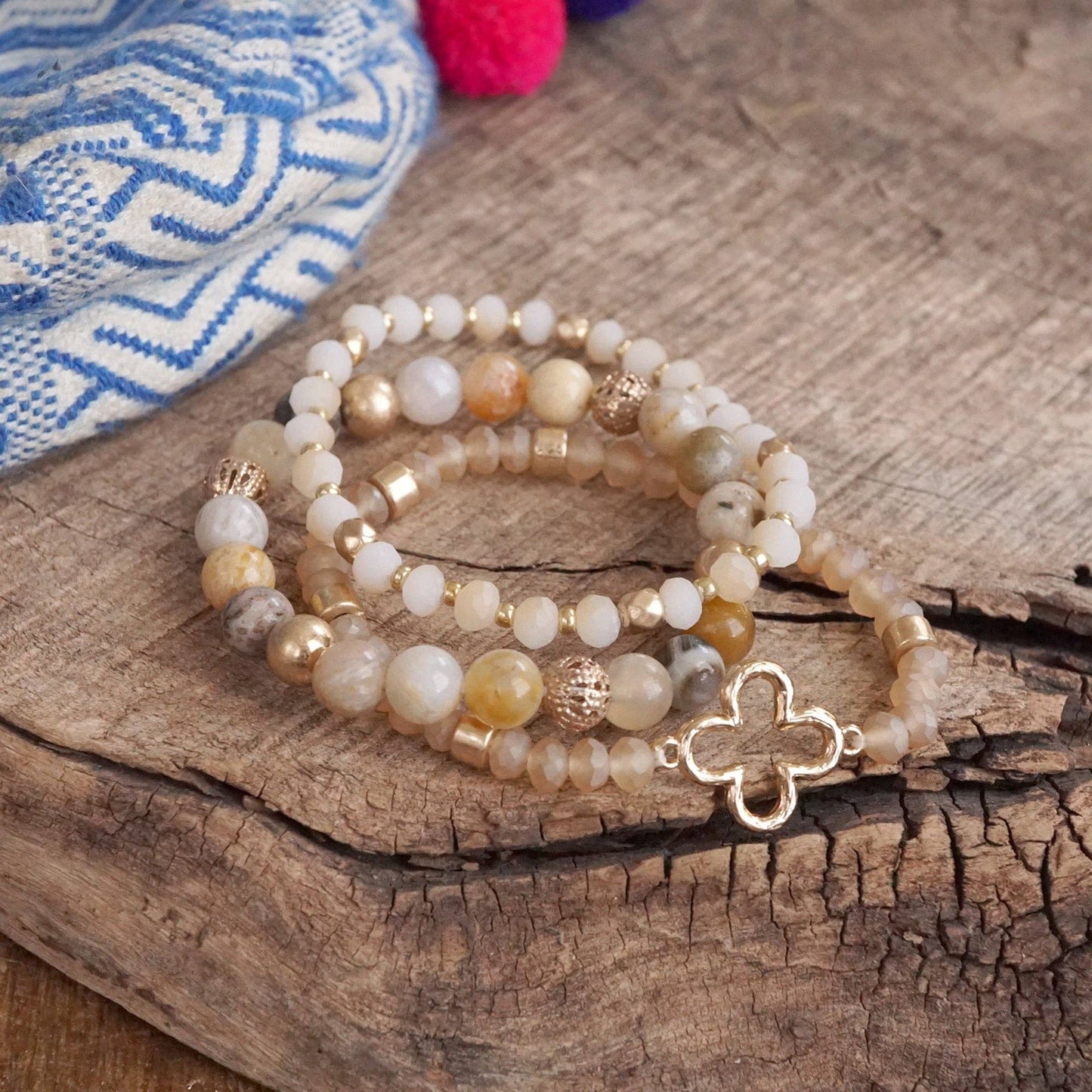 Neutral Beaded Clover Bracelet Set