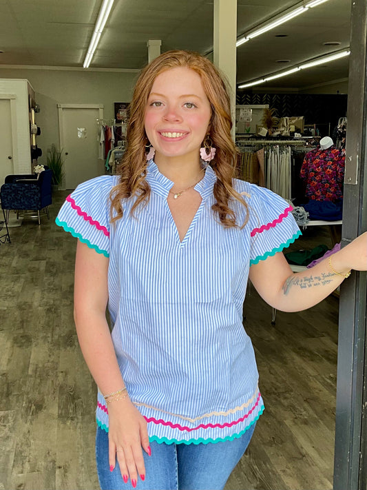 Blue Stripe Ric Rac Ruffle Top