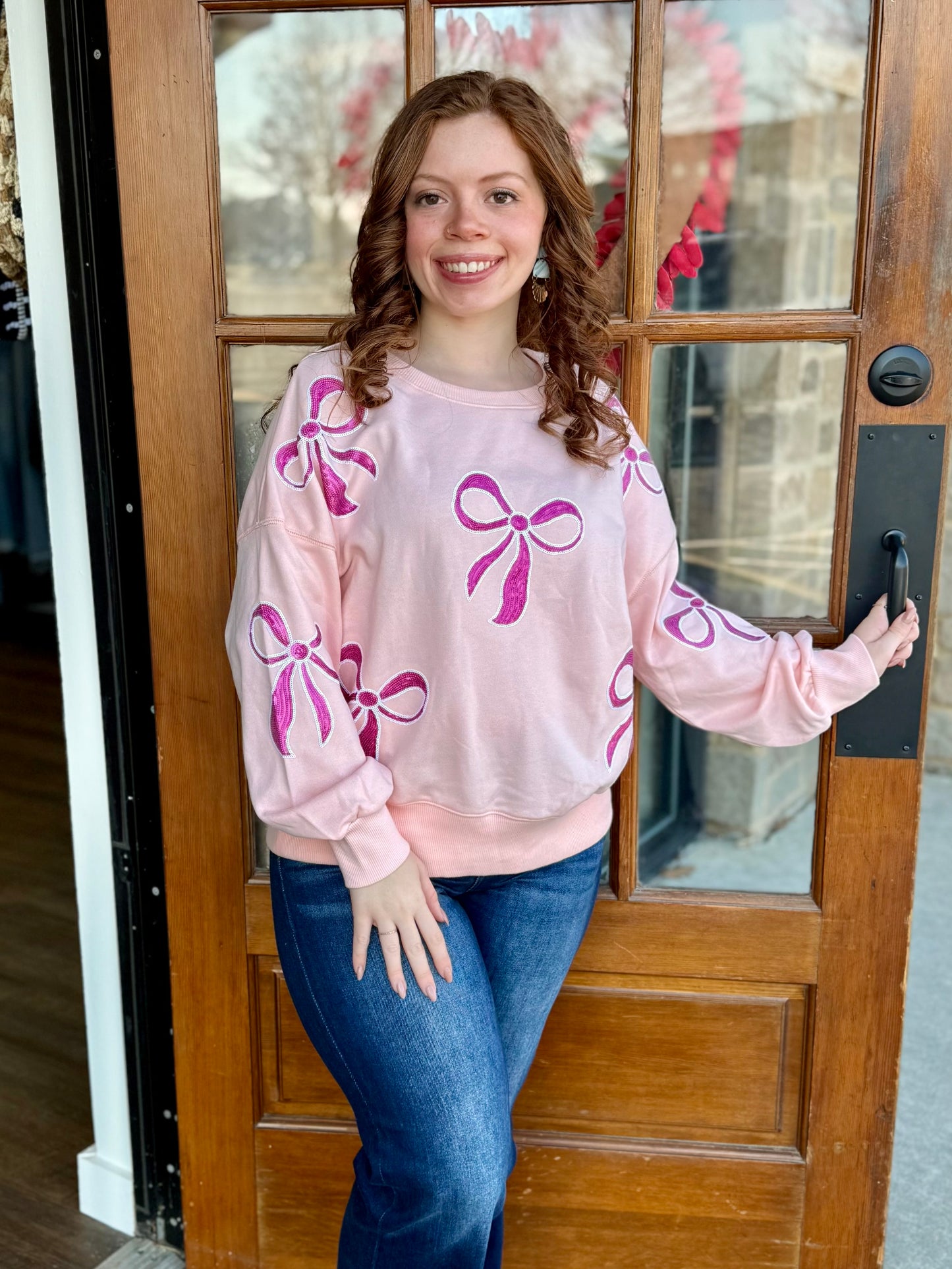 Pink Sequin Bow Drop Shoulder Sweatshirt