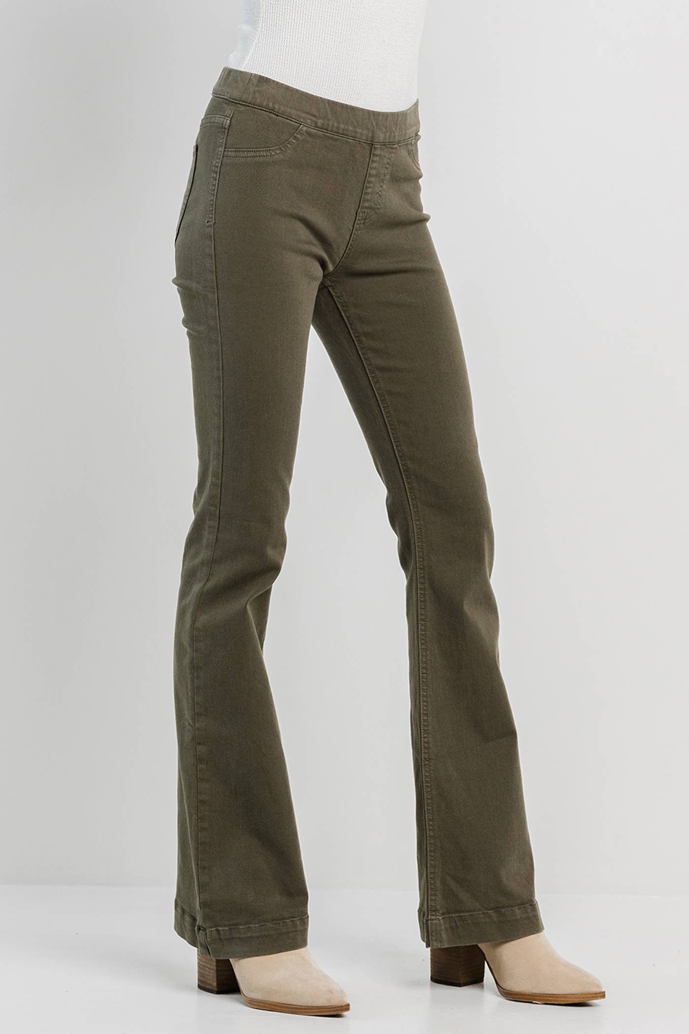 Olive Pull On Flare Jeans