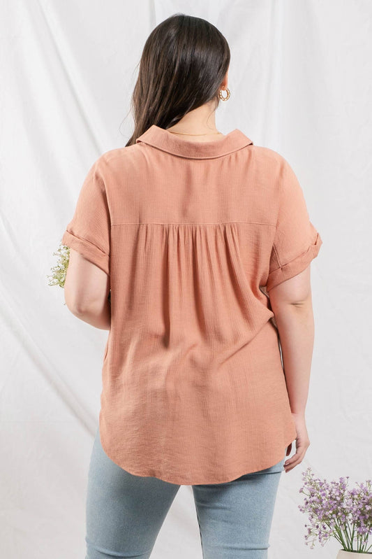 Plus Mid Button Cuffed Sleeve Top