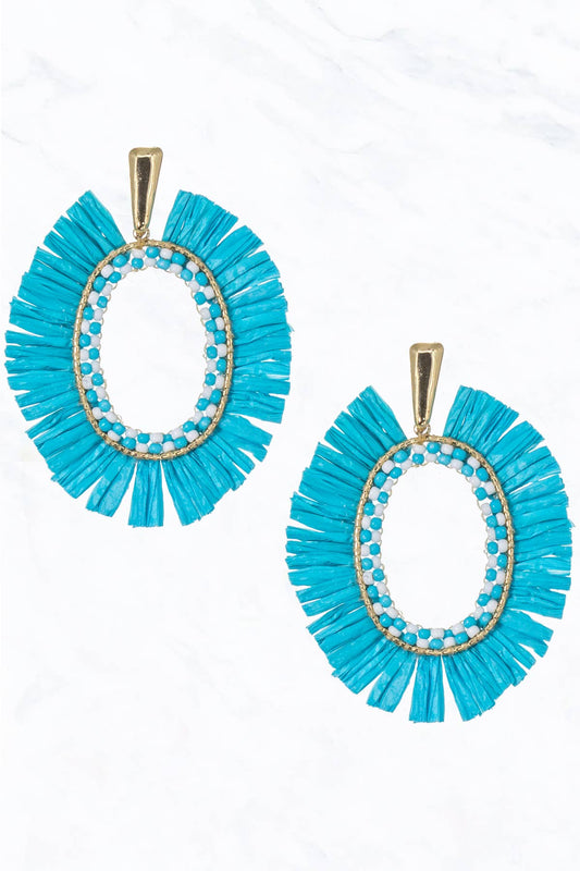 Turquoise Raffia, Seed Bead Post Dangle Earrings