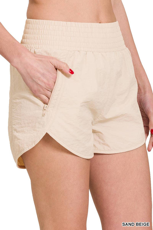 Beige Windbreaker Shorts w/ Zipper Pockets