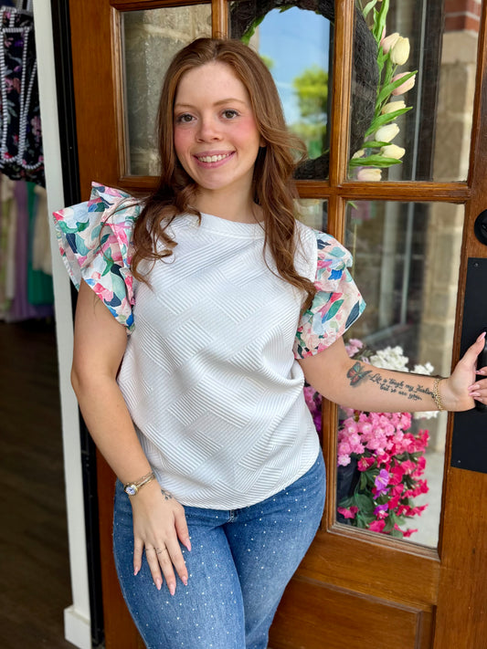 White Textured Abstract Top