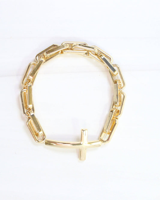 Gold Amelia Link & Large Cross Stretch Bracelet