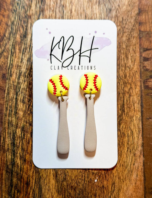 Softball Bat Dangle Clay Earrings