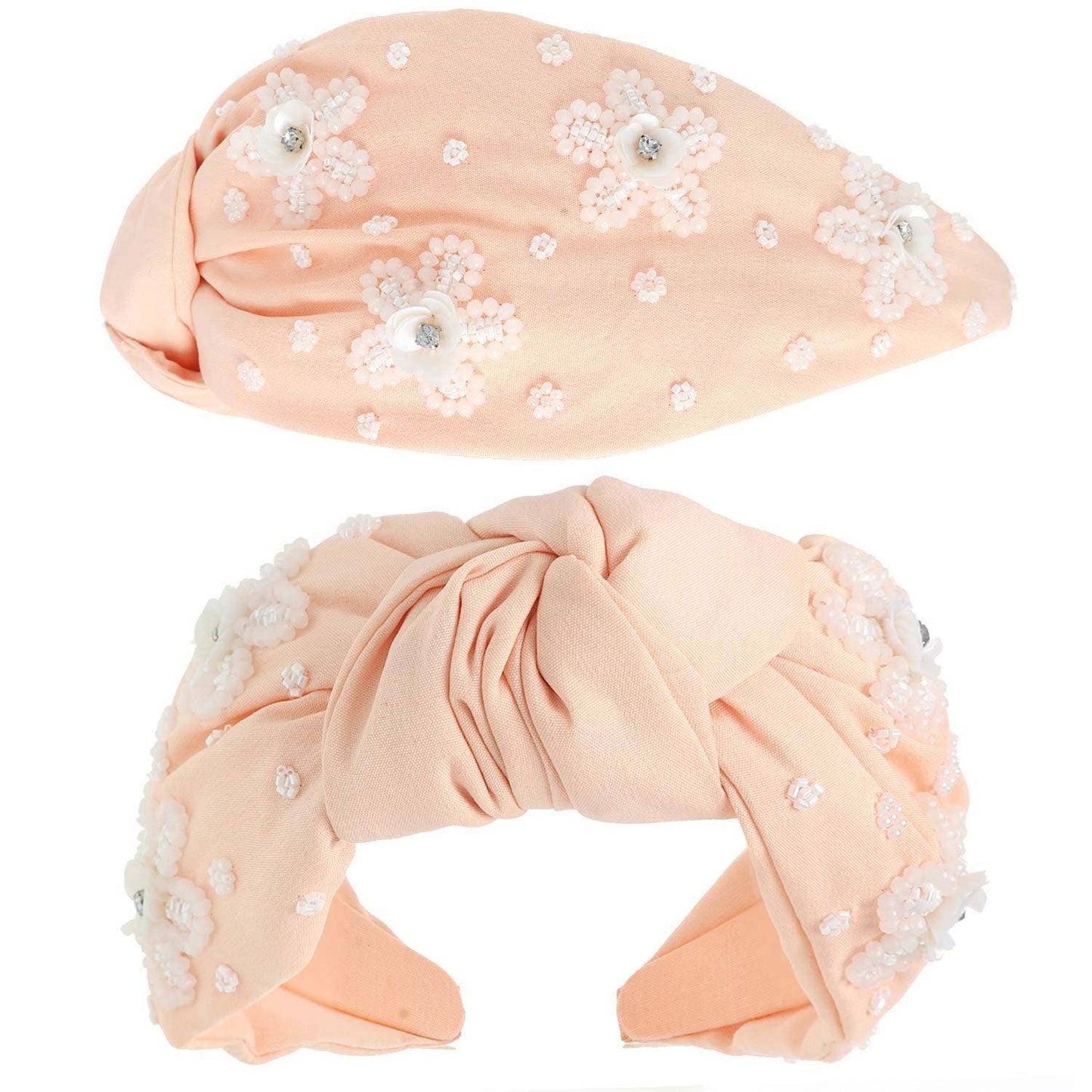 Peach Floral Beaded Jeweled Top Knotted Headband