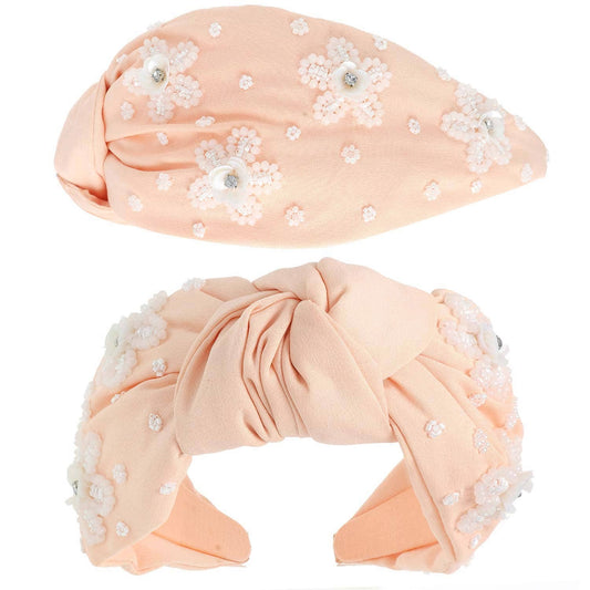Peach Floral Beaded Jeweled Top Knotted Headband