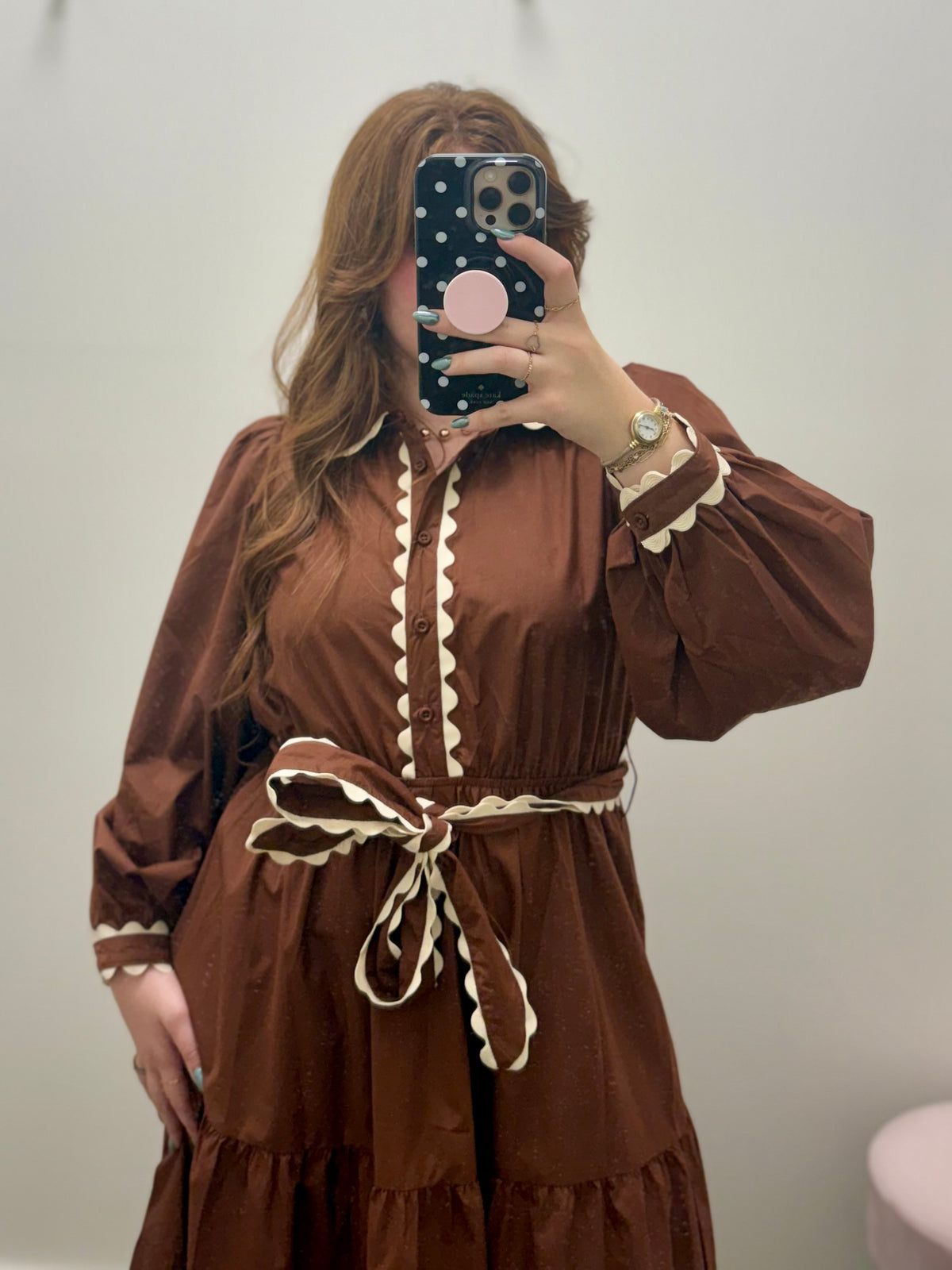 Brown Belted Waist Midi Dress