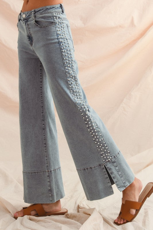 Light Mid Rise Flare Bottom Pearl Jeans