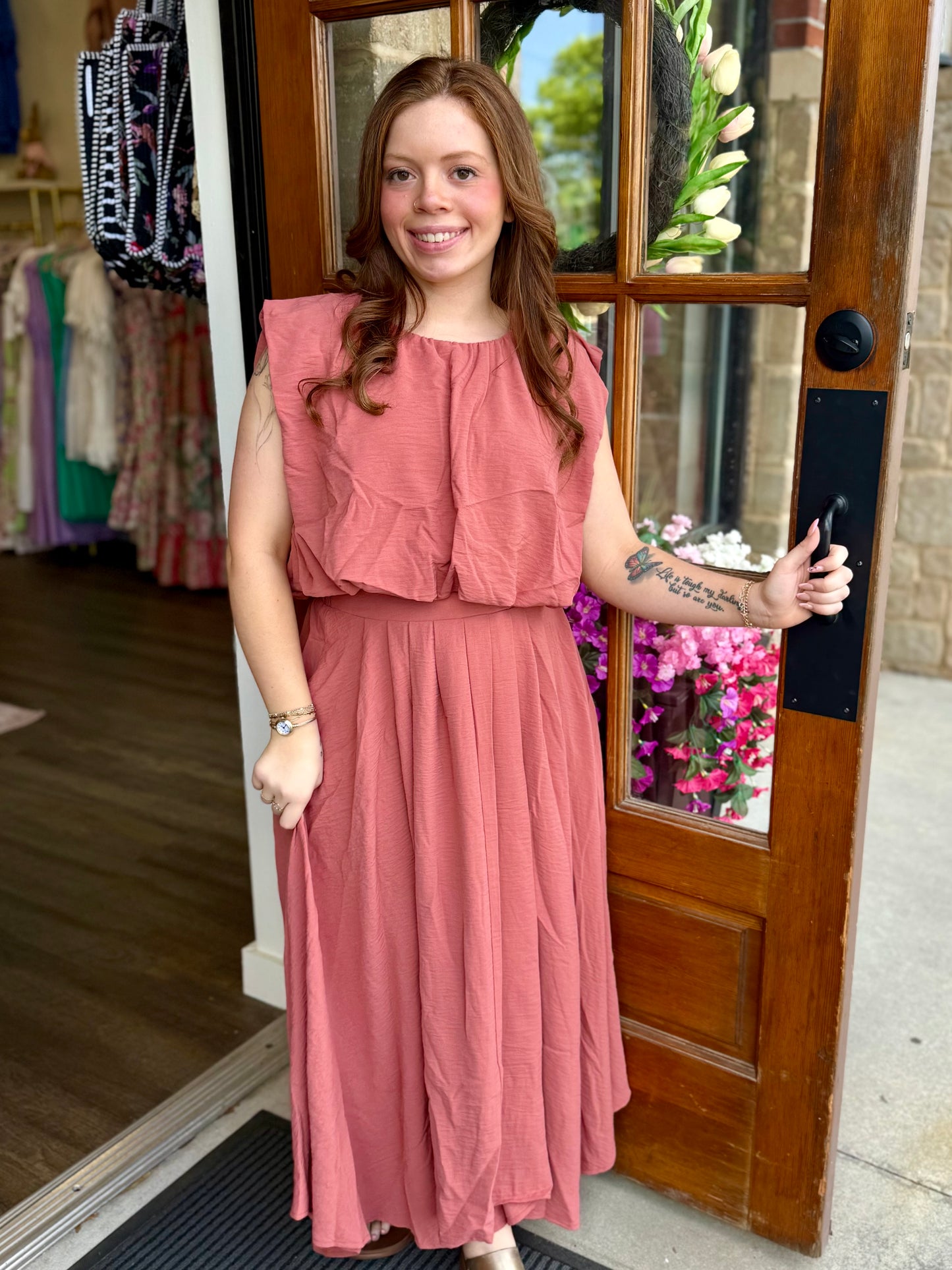 Apricot Sleeveless Crop Top & Pleated Skirt Set