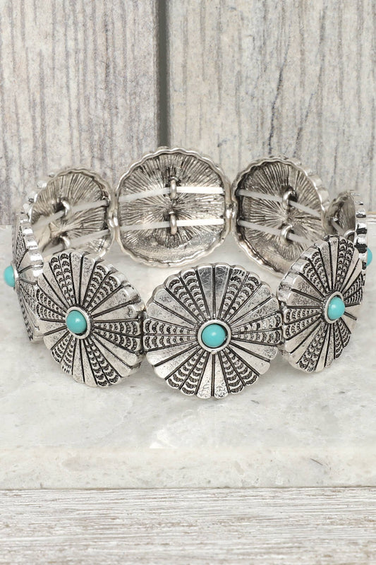 Western Turquoise Round Disc Concho Stretch Bracelet