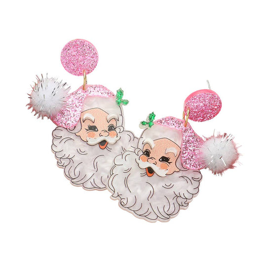 Pink Glitter Resin Pom Santa Earrings