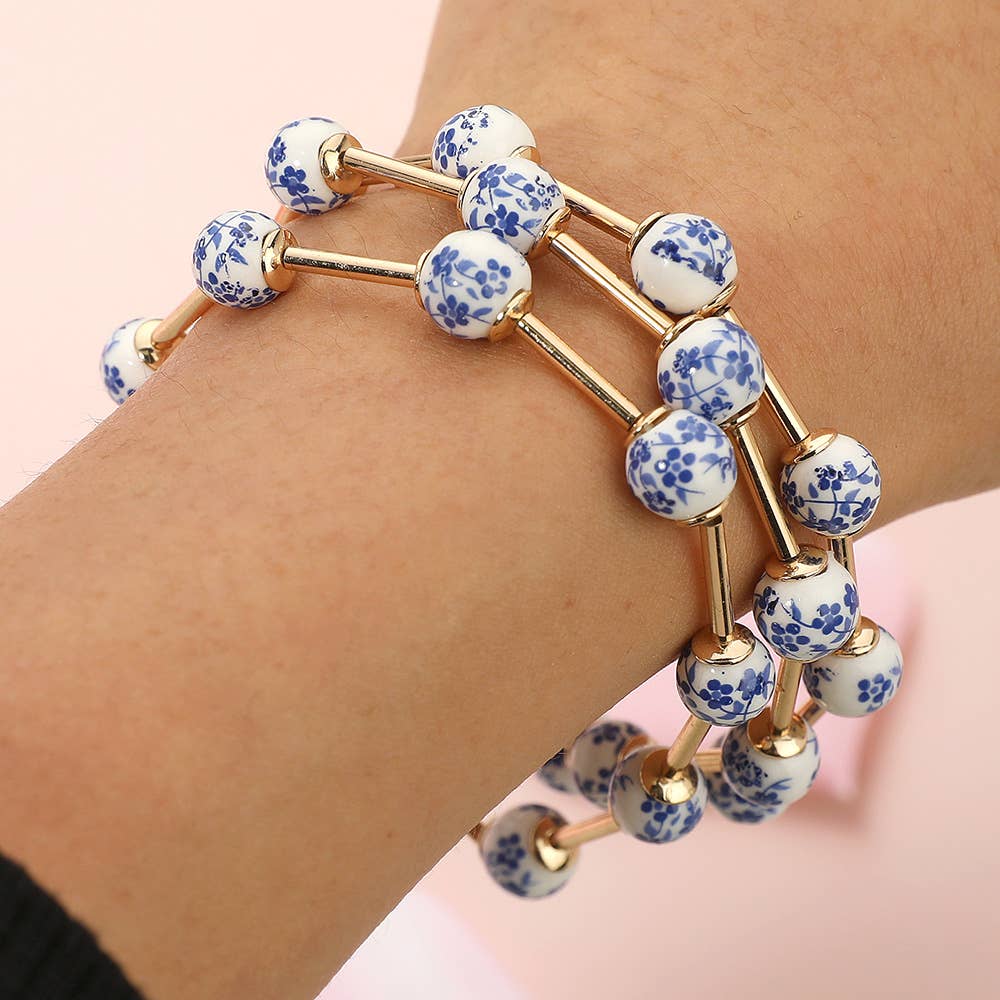 Blue Floral Beaded Stretch Bracelet Set