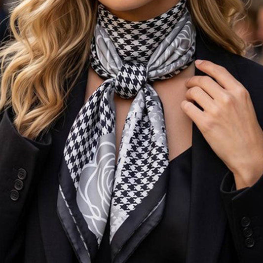 Black Vintage Rose & Houndstooth Silky Square Scarf