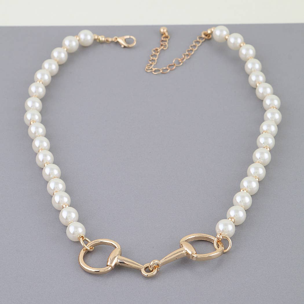 Gold Polished Horseshoe Pearl Beaded Necklace
