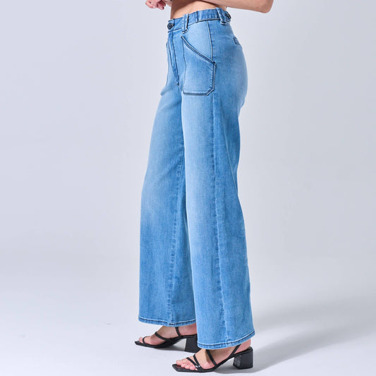 High Rise Stretch Welted Pocket Wide Leg Jeans