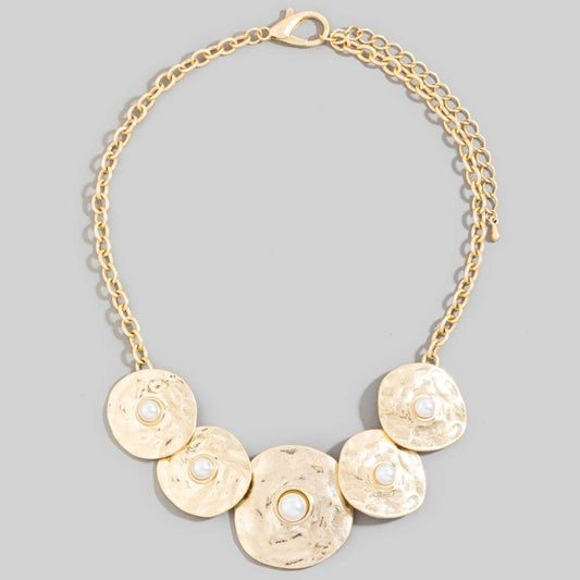 Gold Chunky Hammered Disc Pearl Statement Necklace