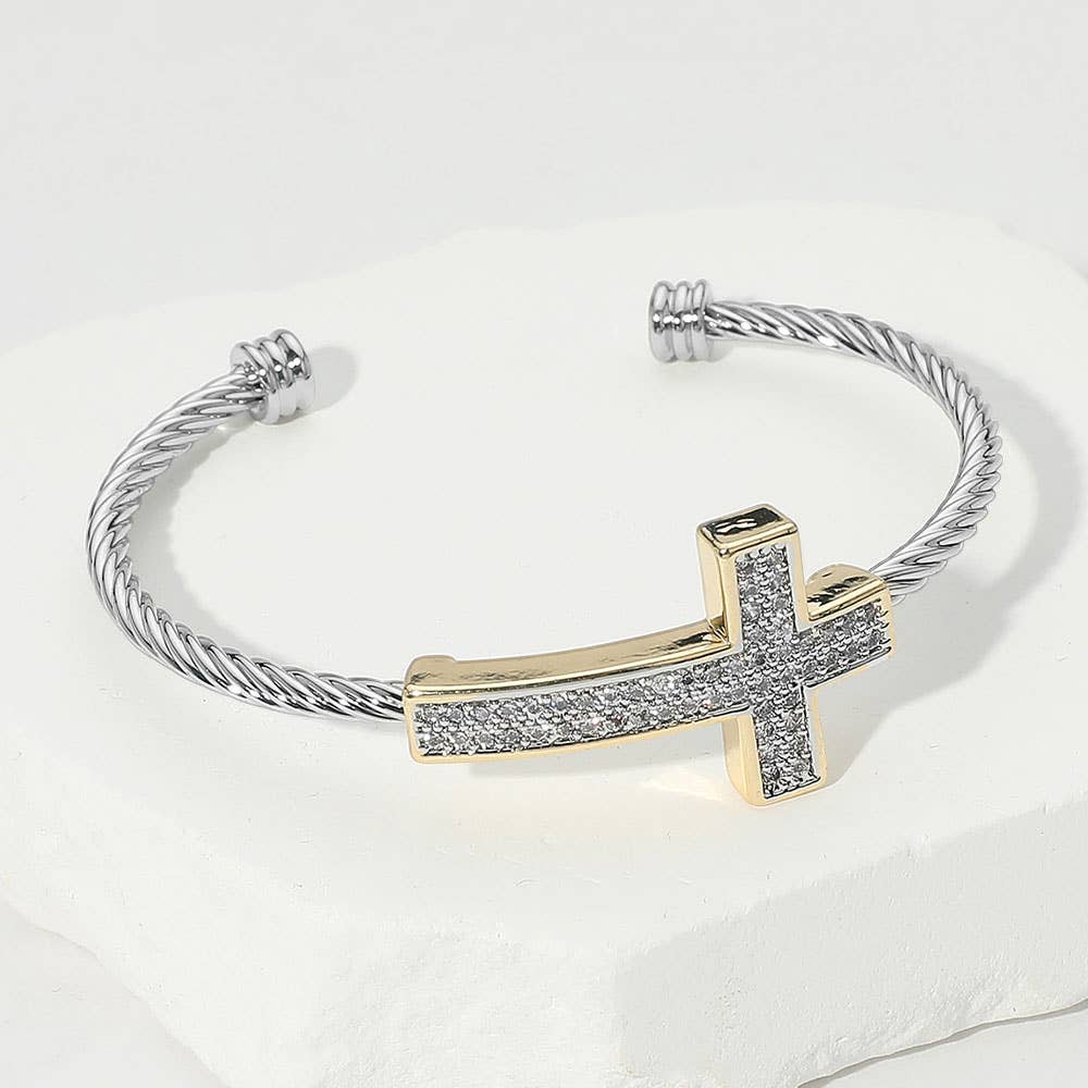 CZ Stone Paved Cross Two Tone Cuff Bracelet