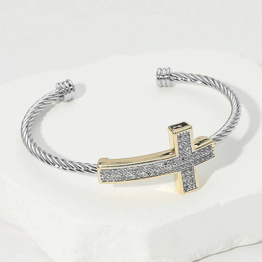 CZ Stone Paved Cross Two Tone Cuff Bracelet