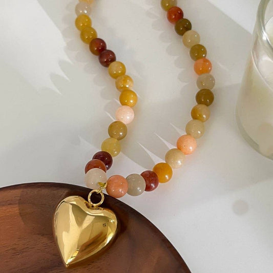 Natural Stone Heart Charm Necklace