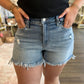 Medium Wash Frayed Hem Rip Denim Shorts