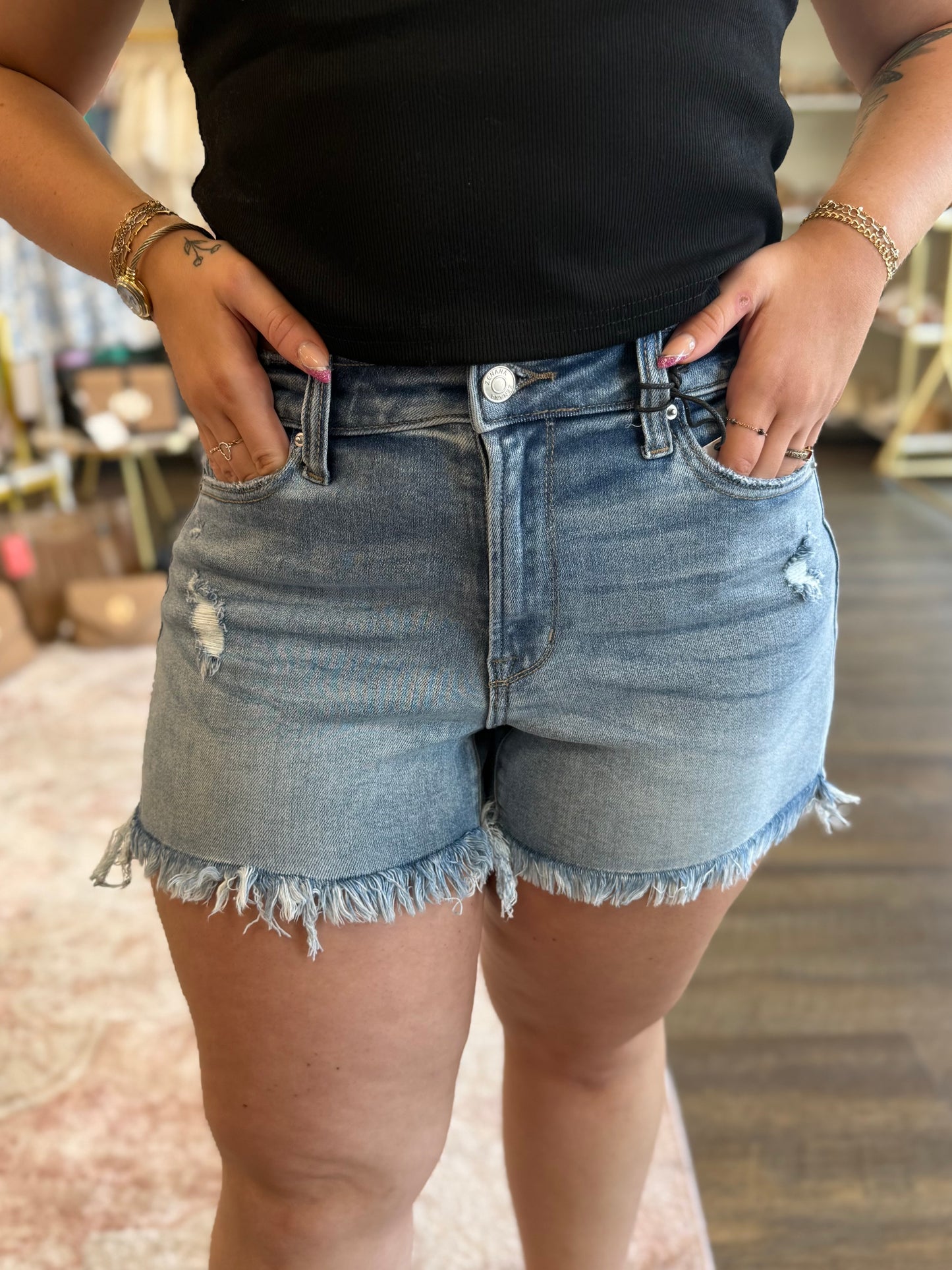 Medium Wash Frayed Hem Rip Denim Shorts