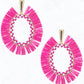 Hot Pink Raffia, Seed Bead Post Dangle Earrings