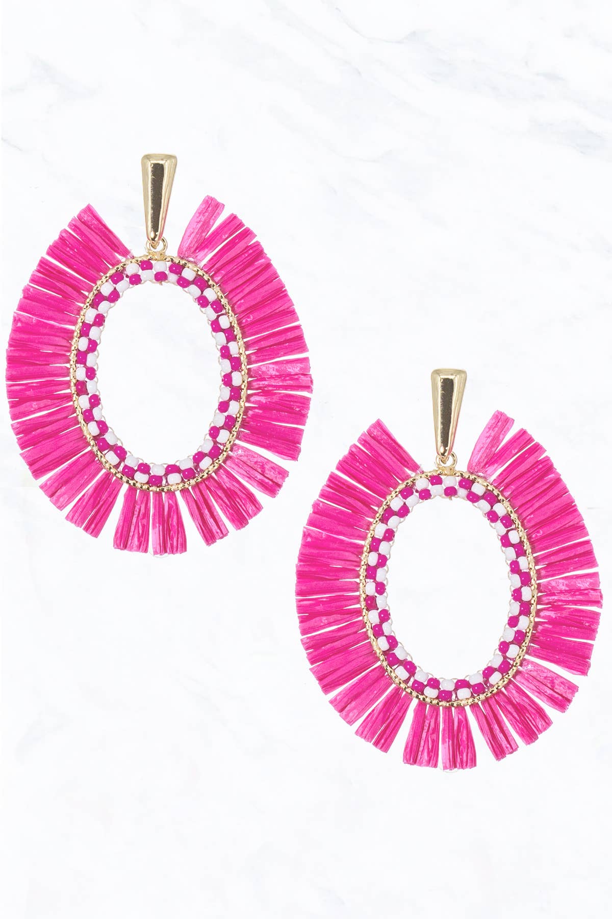 Hot Pink Raffia, Seed Bead Post Dangle Earrings