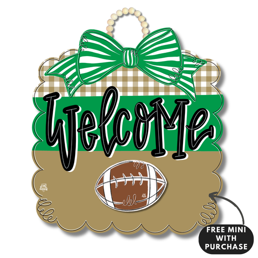 Green & Gold Football Scallop Door Hanger w/ Mini