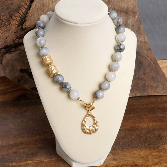 Gray Teardrop Chunky Beaded Toggle Necklace