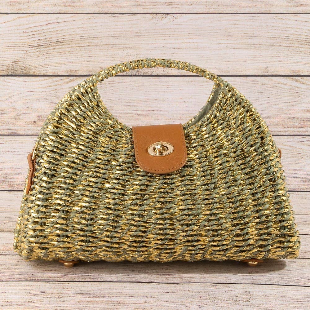 Green Woven Straw Top Handle Handbag