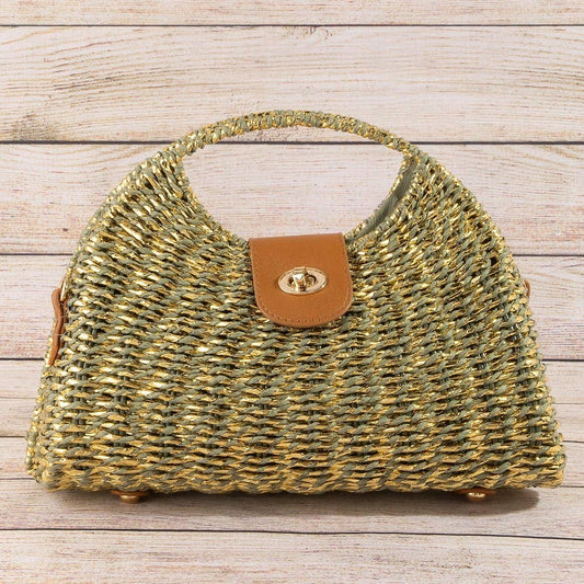 Green Woven Straw Top Handle Handbag