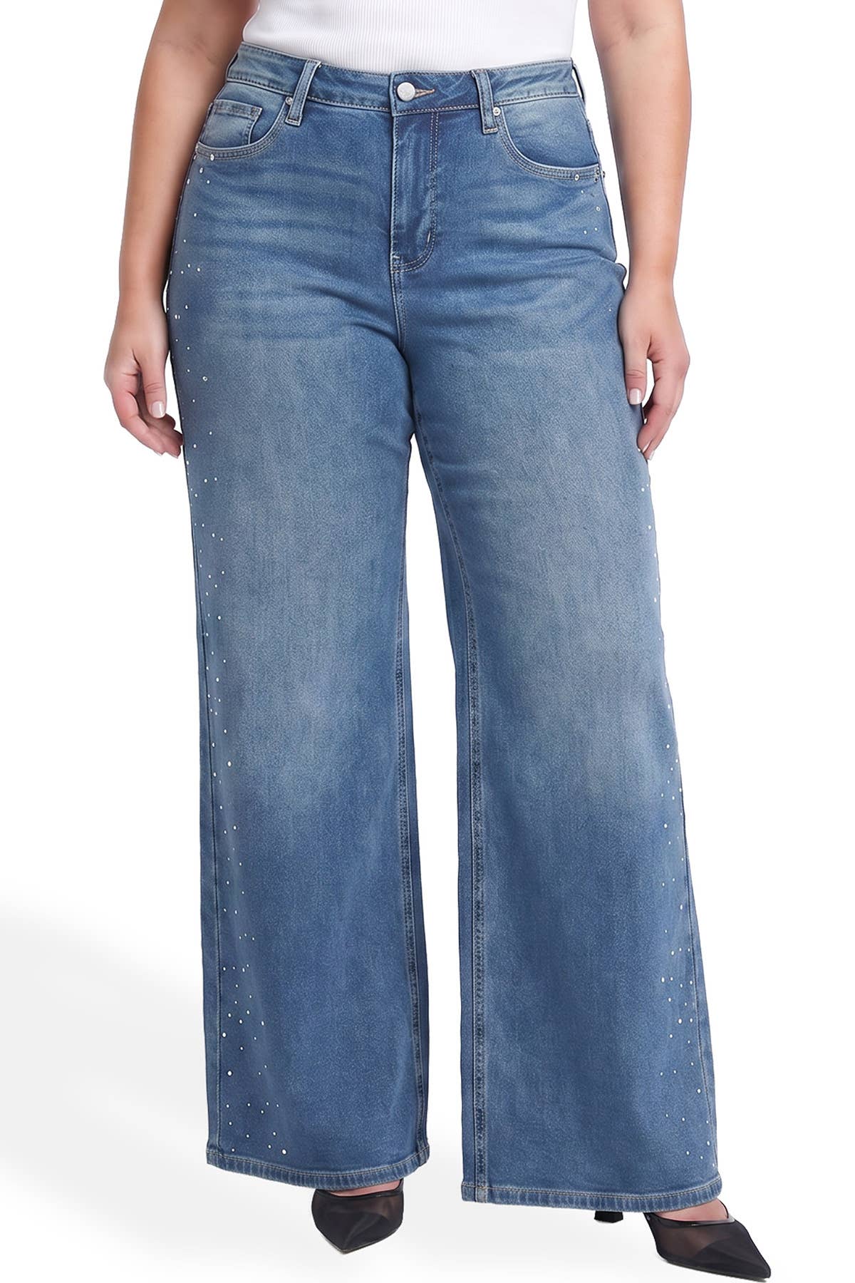 Plus High Rise Wide Leg Jeans w/ Rhinestones