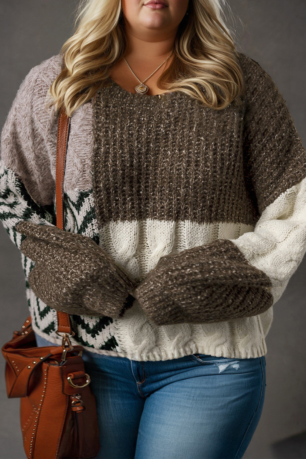 Plus Brown Patchwork Sweater