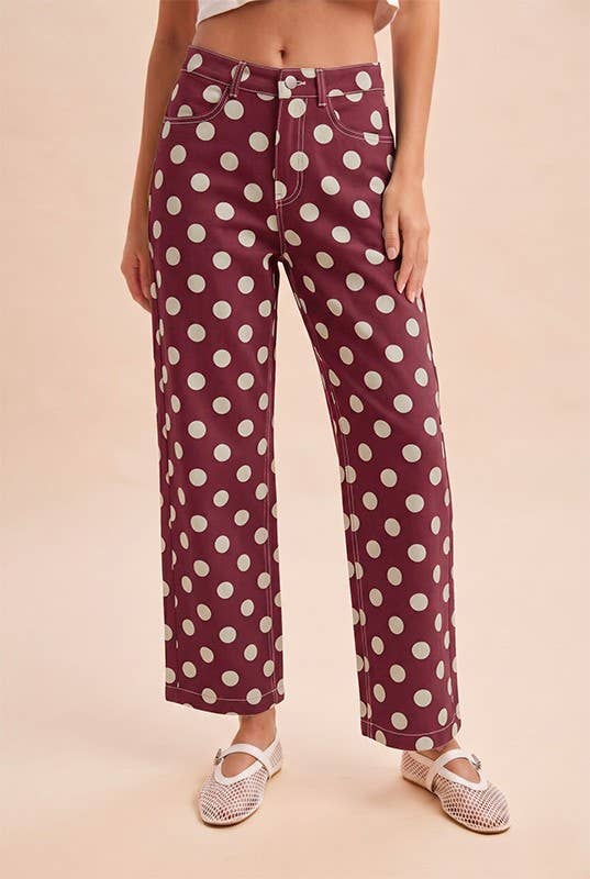 Burgundy Polka Dot Wide Straight Leg Pants