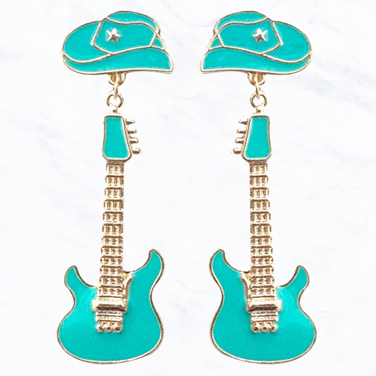 Turquoise Country Style Hat and Guitar Drop Earrings