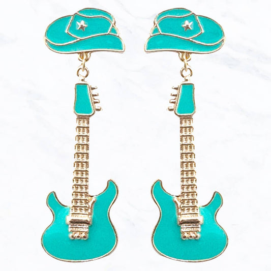 Turquoise Country Style Hat and Guitar Drop Earrings