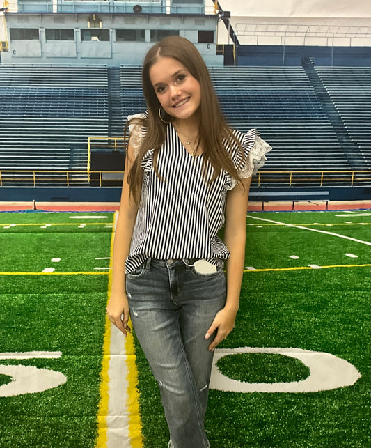 Navy Striped V Neck Ruffle Top