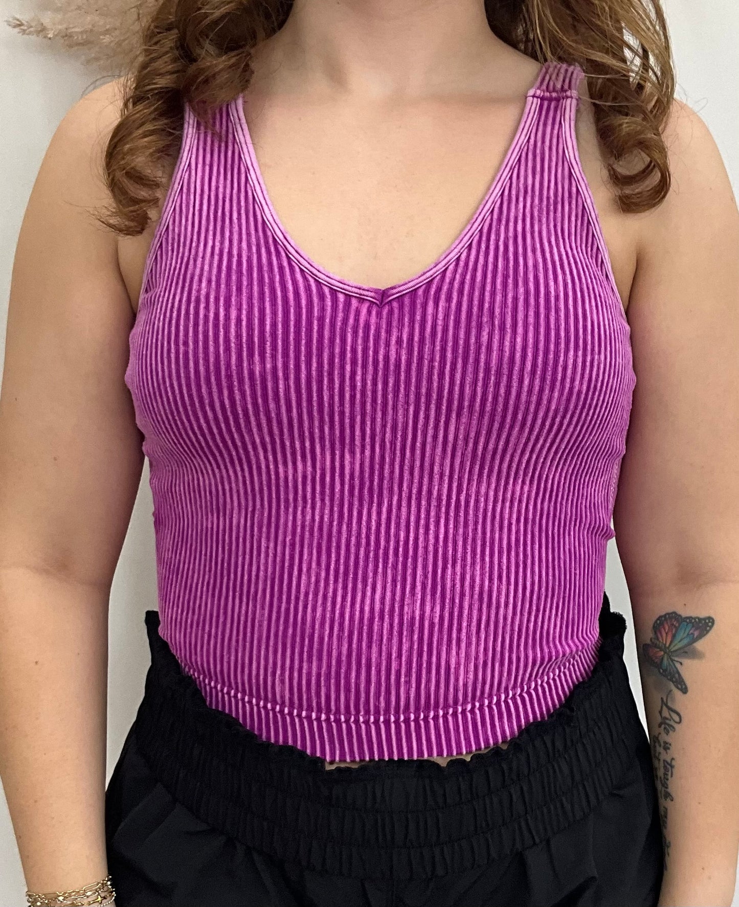 Plum Washed Ribbed Seamless Bra Padded V-Neck Tank